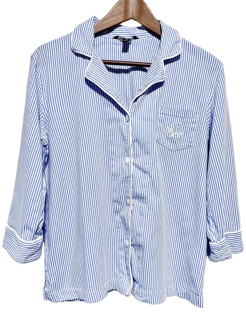 LAUREN RALPH LAUREN Blue Stripe Cotton Pajama Top Sleepwear
